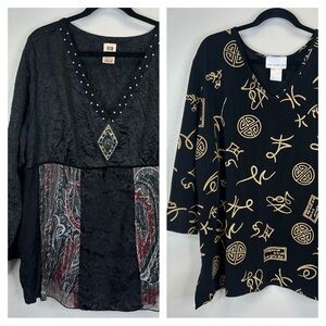 Bundle of 2 Plus Size Black Blouses Womens 3X Goth Witchy Asian Inspired Whimsy